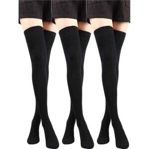 3 Pairs Thigh High Socks Cotton Over Knee Socks Knit Long Boot Stocking, Black